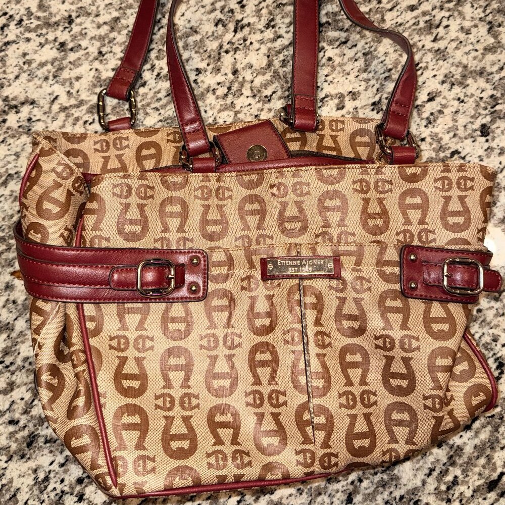 Vintage Etienne Aigner Monogram Tote Bag Y2K Brown Logo Canvas Leather